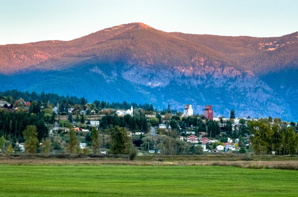 A vibrant landscape featuring a green field in the foreground with a cluster of homes and two prominent grain elevators, backed by forested mountains in Creston, BC.